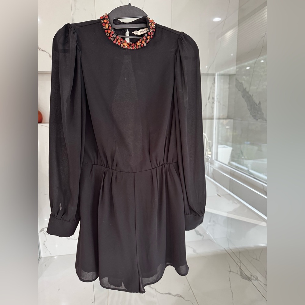 Zara Elegant Black Romper with Beaded Neckline
